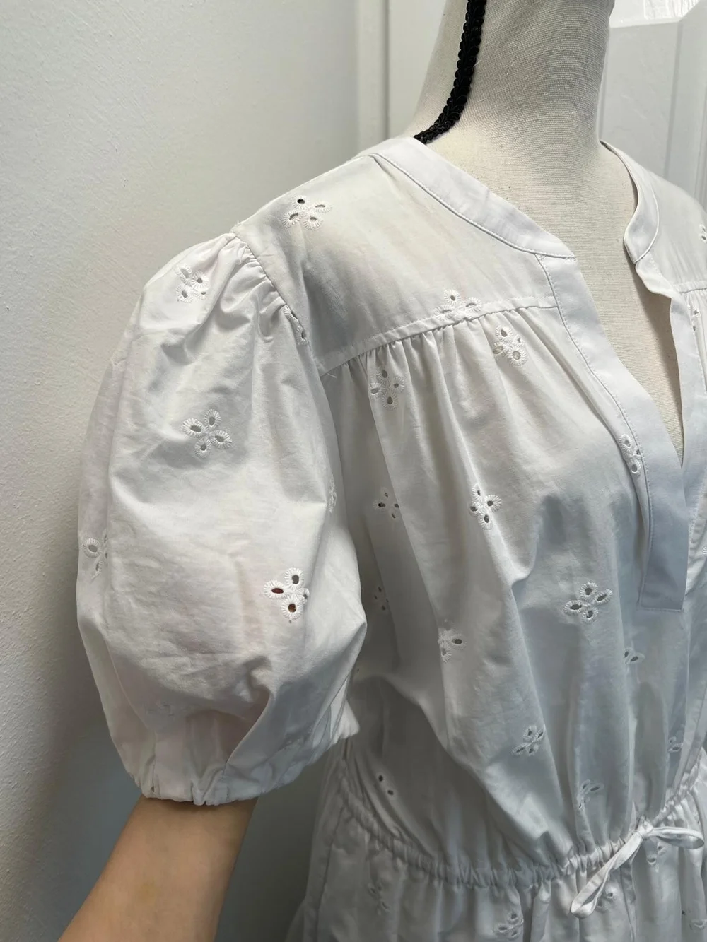 Women’s White Eyelet Tiered Mini Dress with Drawstring Waist 100% Cotton - Picture 8 of 13